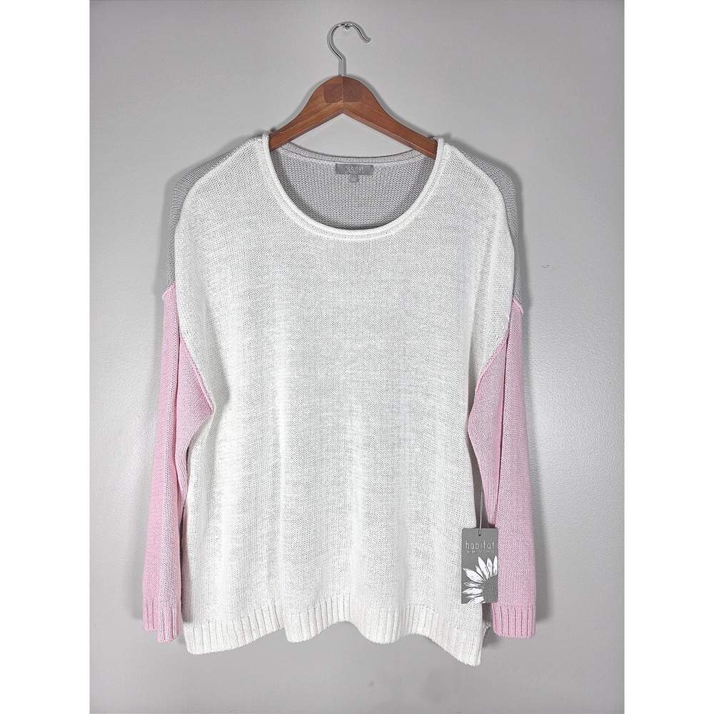 Habitat Clothes to Live In Womens Colorblock Knit Sweater Peony Pink Grey L NWT